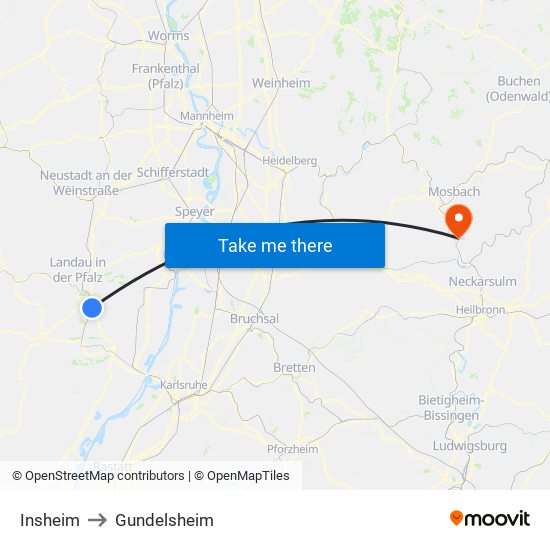 Insheim to Gundelsheim map