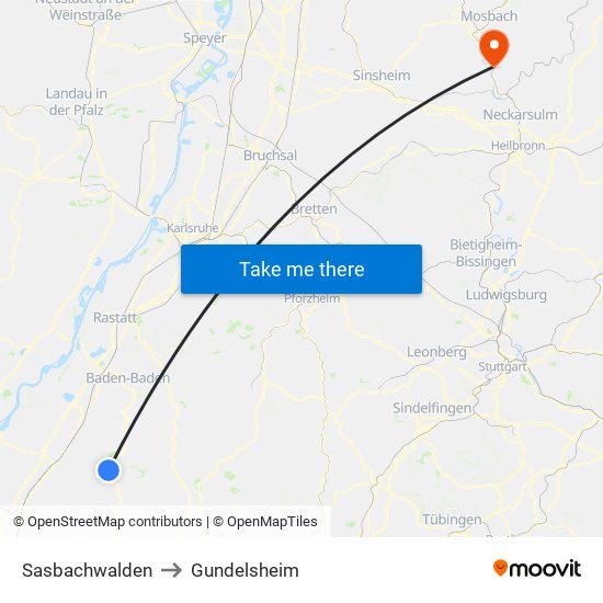 Sasbachwalden to Gundelsheim map