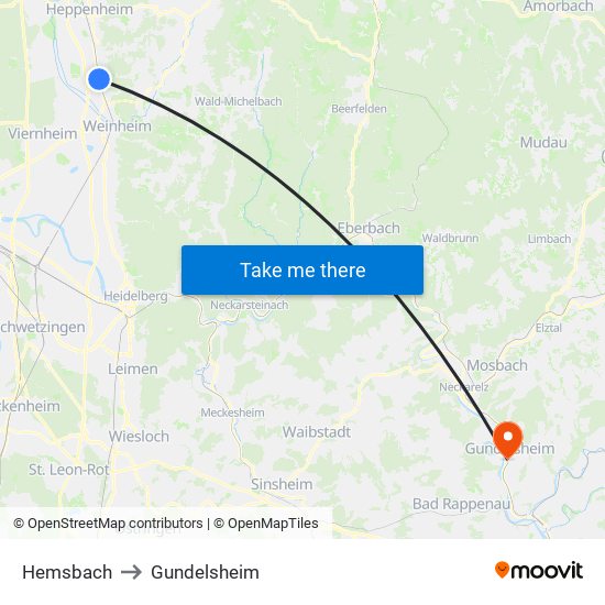 Hemsbach to Gundelsheim map