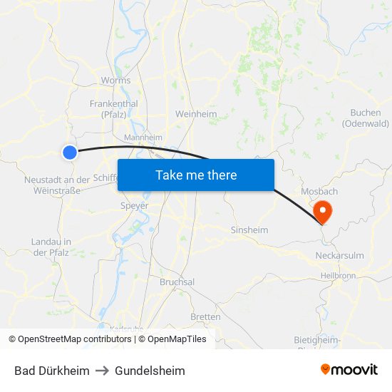 Bad Dürkheim to Gundelsheim map