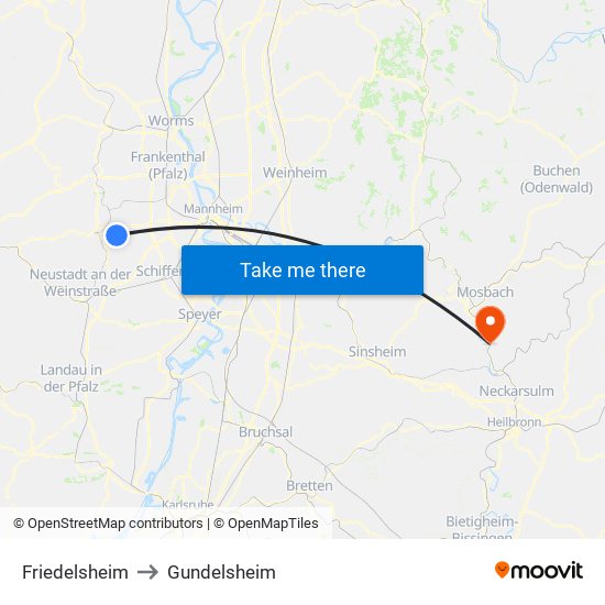 Friedelsheim to Gundelsheim map