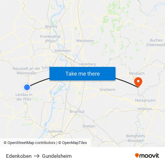 Edenkoben to Gundelsheim map