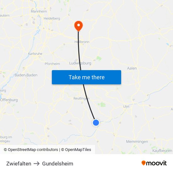 Zwiefalten to Gundelsheim map