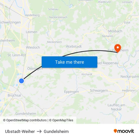 Ubstadt-Weiher to Gundelsheim map