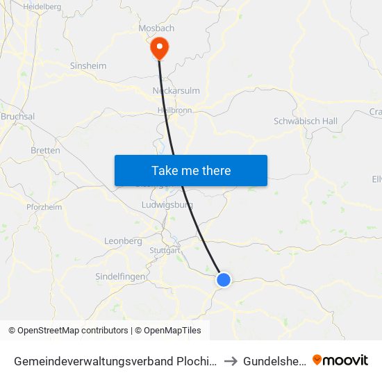 Gemeindeverwaltungsverband Plochingen to Gundelsheim map