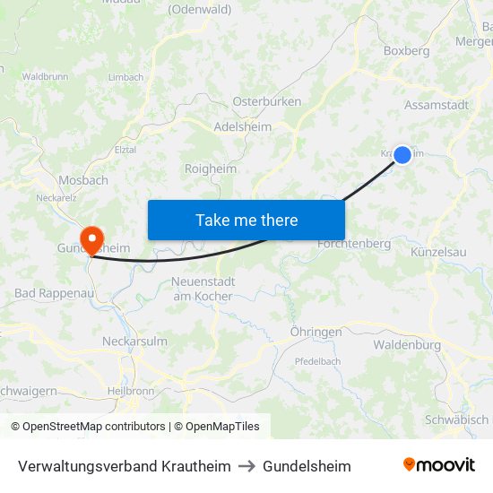 Verwaltungsverband Krautheim to Gundelsheim map