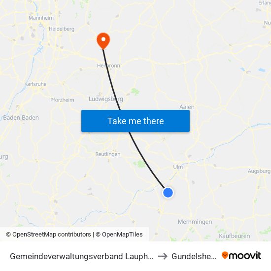 Gemeindeverwaltungsverband Laupheim to Gundelsheim map