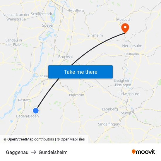 Gaggenau to Gundelsheim map