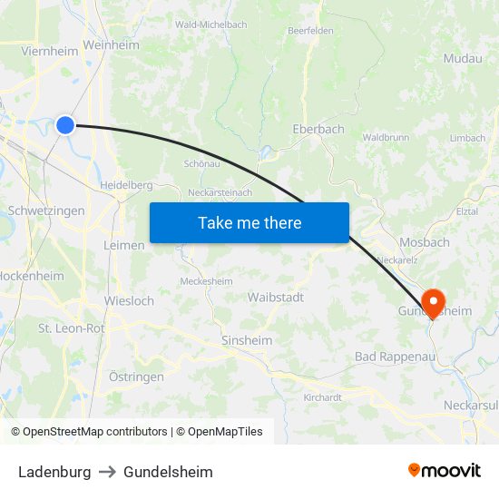 Ladenburg to Gundelsheim map