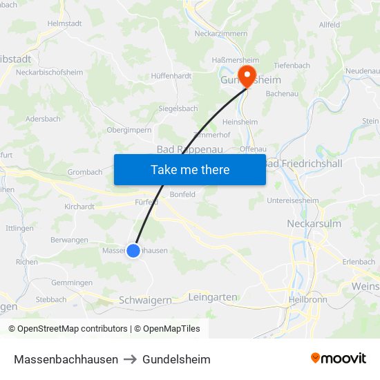 Massenbachhausen to Gundelsheim map