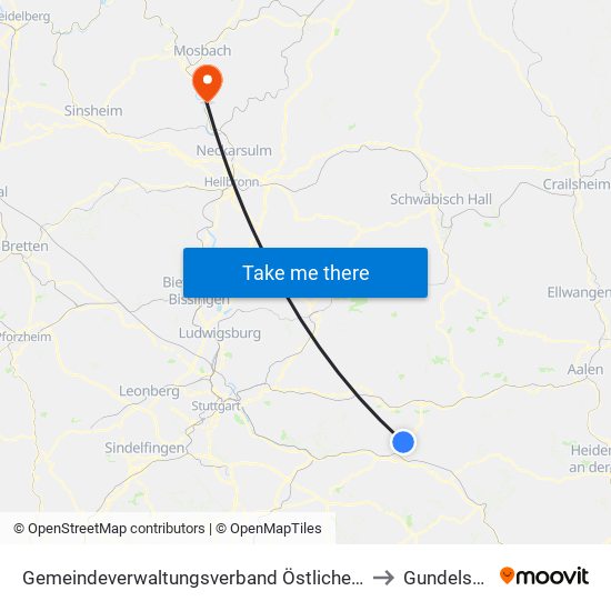 Gemeindeverwaltungsverband Östlicher Schurwald to Gundelsheim map