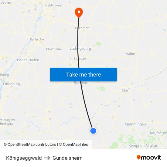 Königseggwald to Gundelsheim map