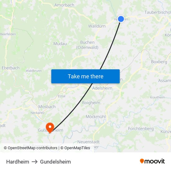 Hardheim to Gundelsheim map