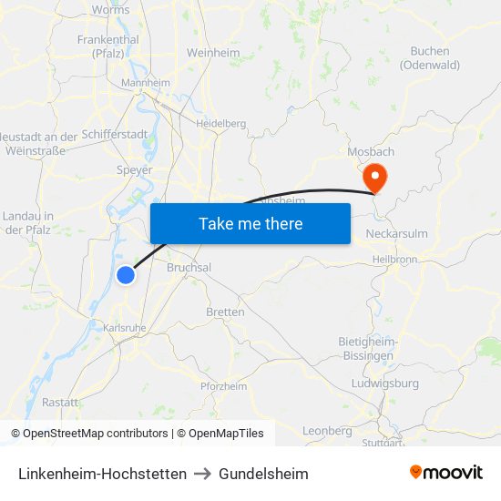 Linkenheim-Hochstetten to Gundelsheim map