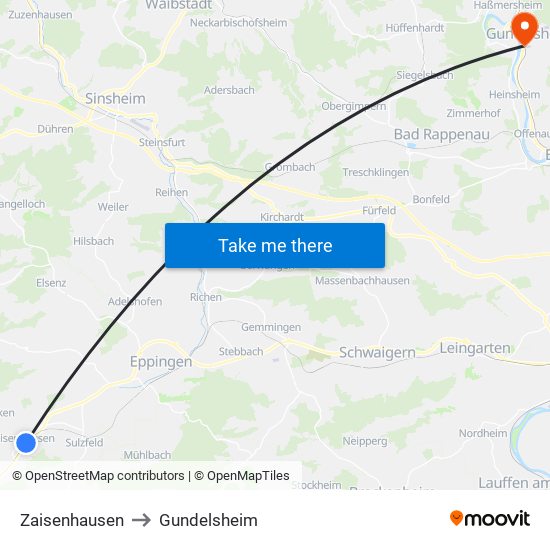 Zaisenhausen to Gundelsheim map