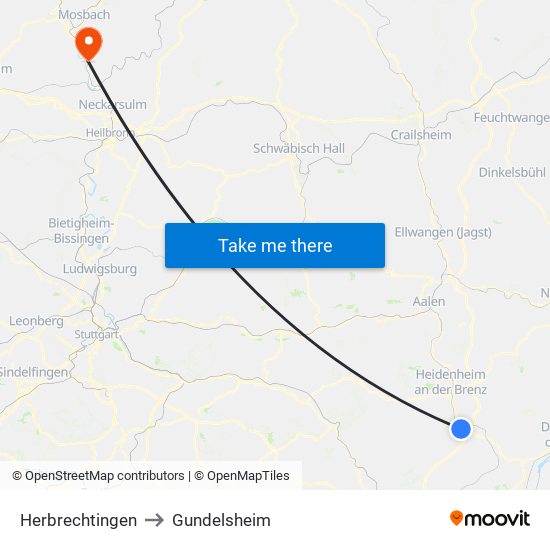 Herbrechtingen to Gundelsheim map