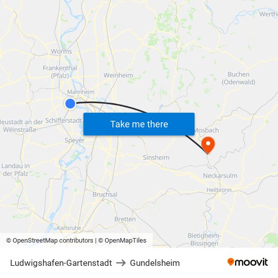 Ludwigshafen-Gartenstadt to Gundelsheim map