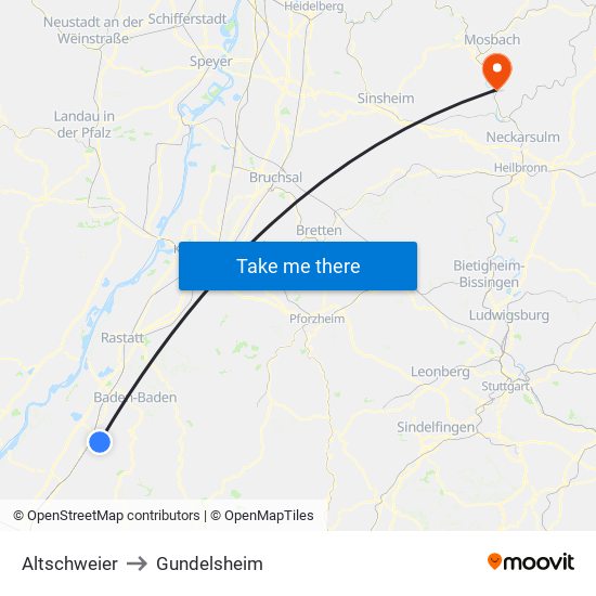 Altschweier to Gundelsheim map