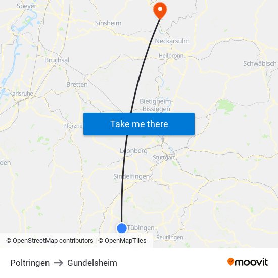 Poltringen to Gundelsheim map