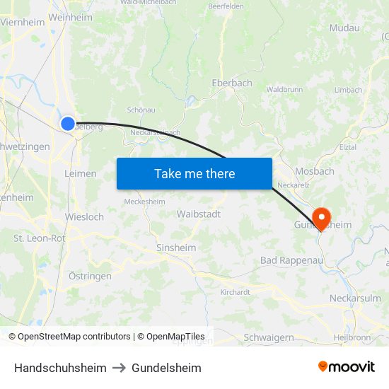 Handschuhsheim to Gundelsheim map