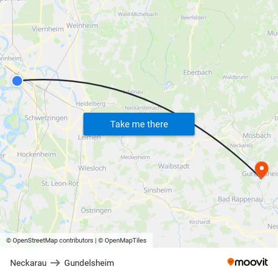 Neckarau to Gundelsheim map