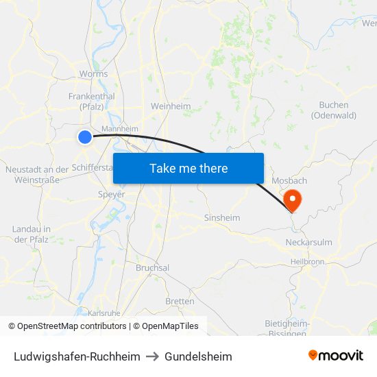 Ludwigshafen-Ruchheim to Gundelsheim map