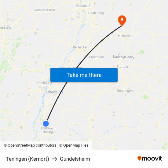 Teningen (Kernort) to Gundelsheim map