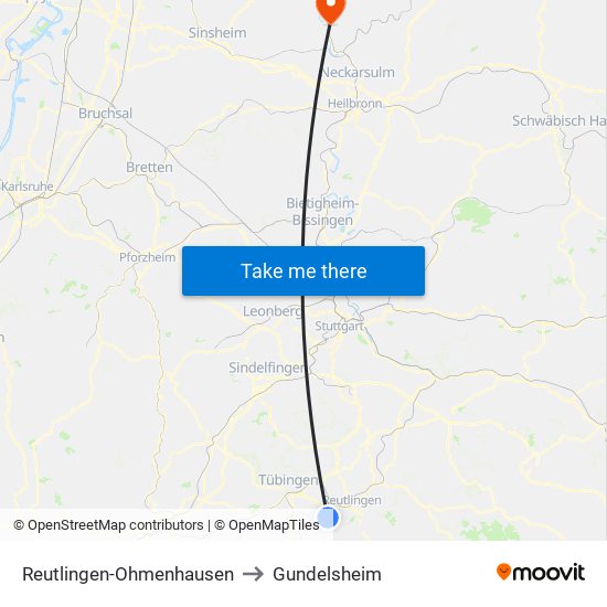 Reutlingen-Ohmenhausen to Gundelsheim map