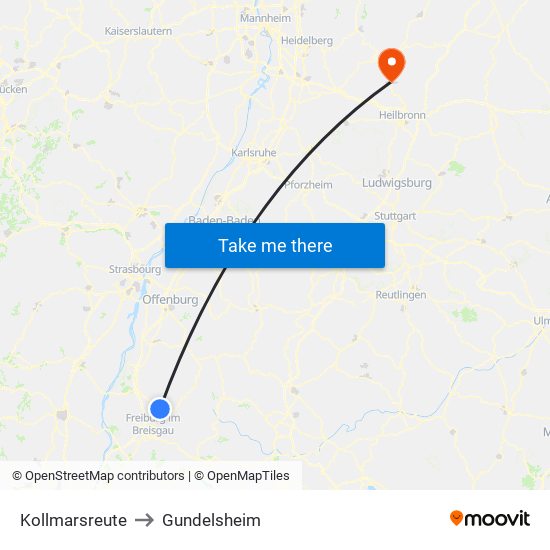 Kollmarsreute to Gundelsheim map