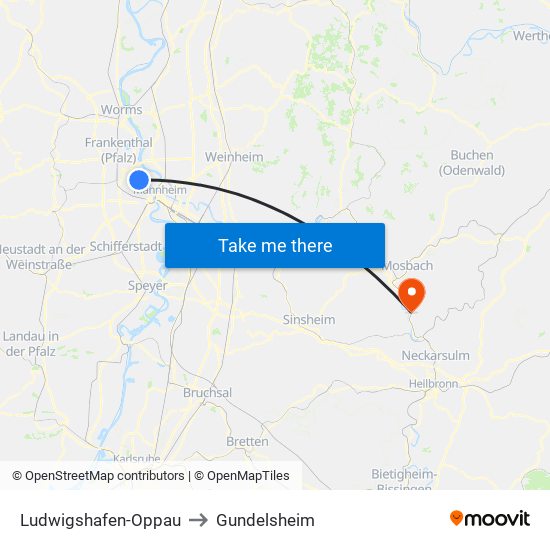 Ludwigshafen-Oppau to Gundelsheim map