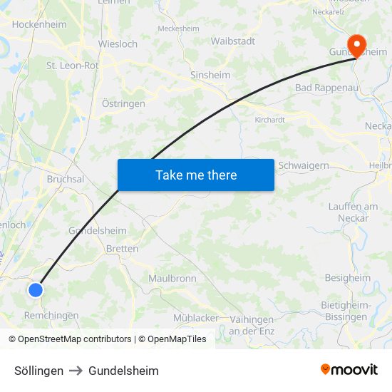 Söllingen to Gundelsheim map