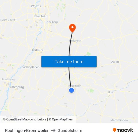 Reutlingen-Bronnweiler to Gundelsheim map