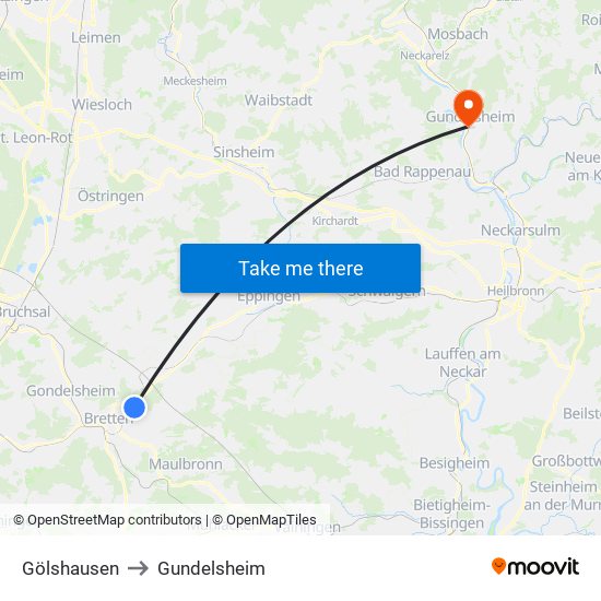 Gölshausen to Gundelsheim map