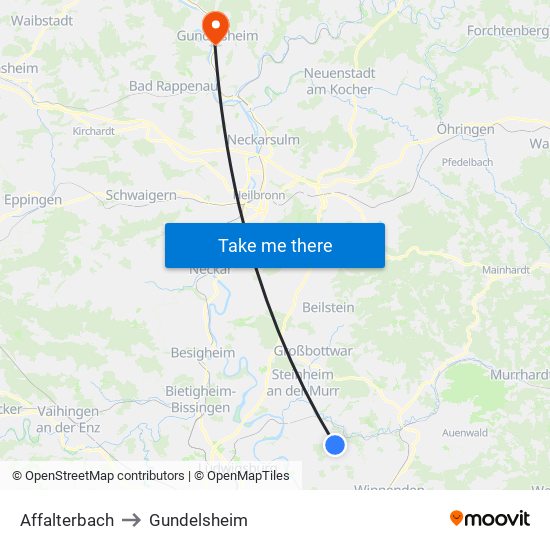 Affalterbach to Gundelsheim map