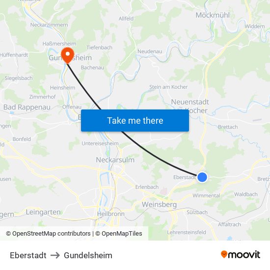 Eberstadt to Gundelsheim map