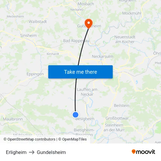 Erligheim to Gundelsheim map