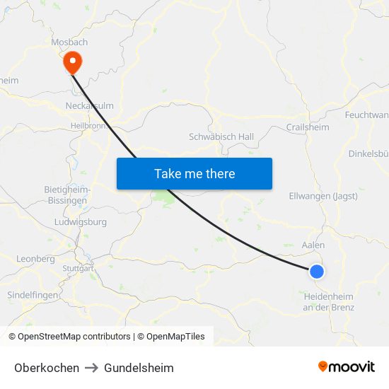 Oberkochen to Gundelsheim map