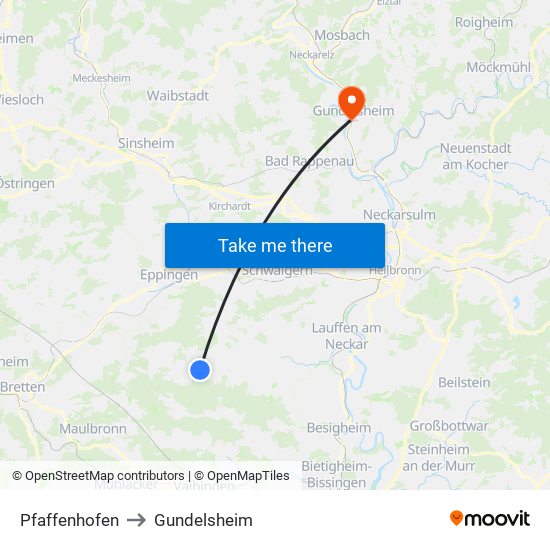Pfaffenhofen to Gundelsheim map