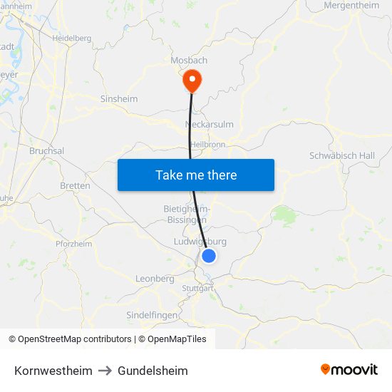 Kornwestheim to Gundelsheim map