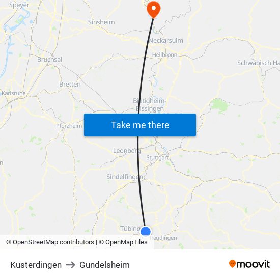 Kusterdingen to Gundelsheim map