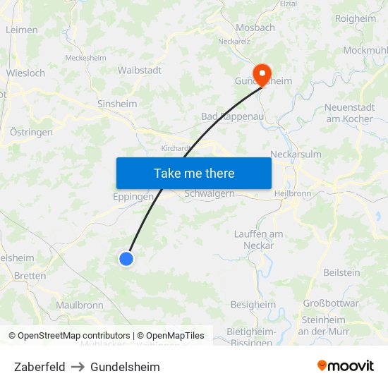 Zaberfeld to Gundelsheim map