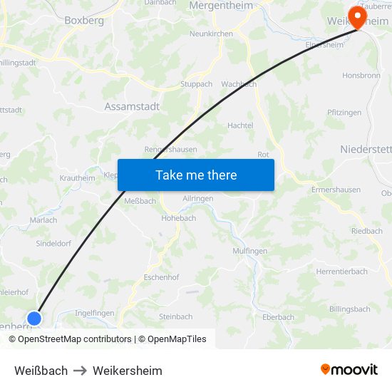 Weißbach to Weikersheim map