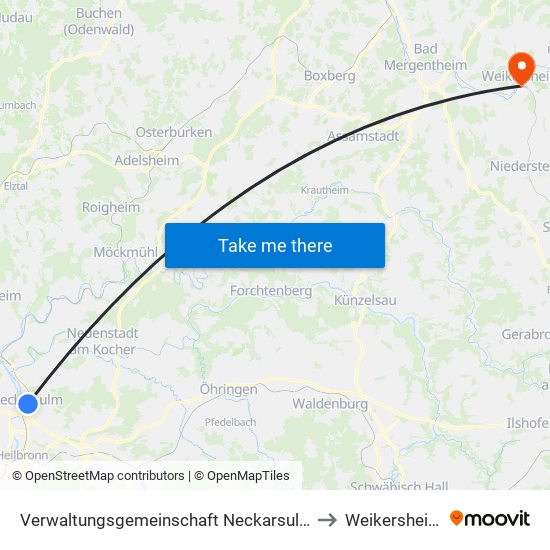 Verwaltungsgemeinschaft Neckarsulm to Weikersheim map