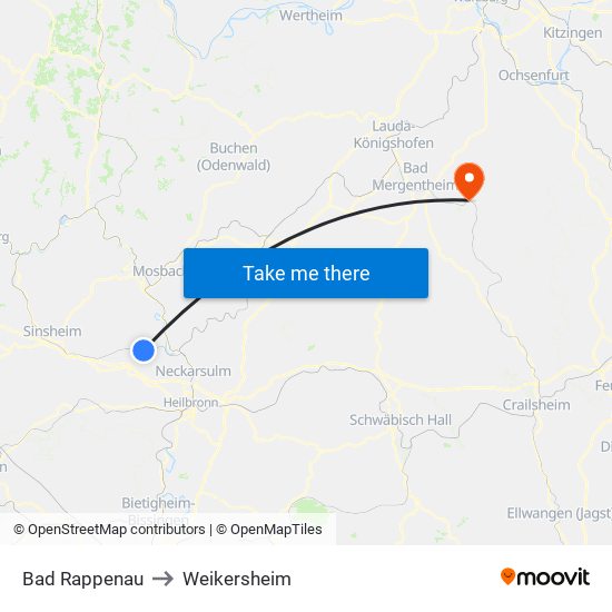 Bad Rappenau to Weikersheim map