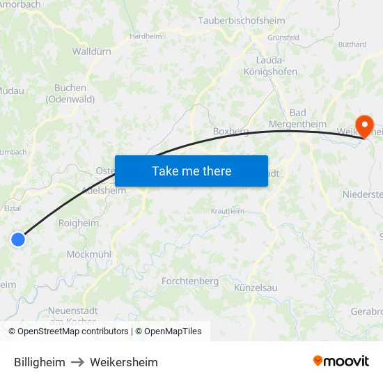 Billigheim to Weikersheim map