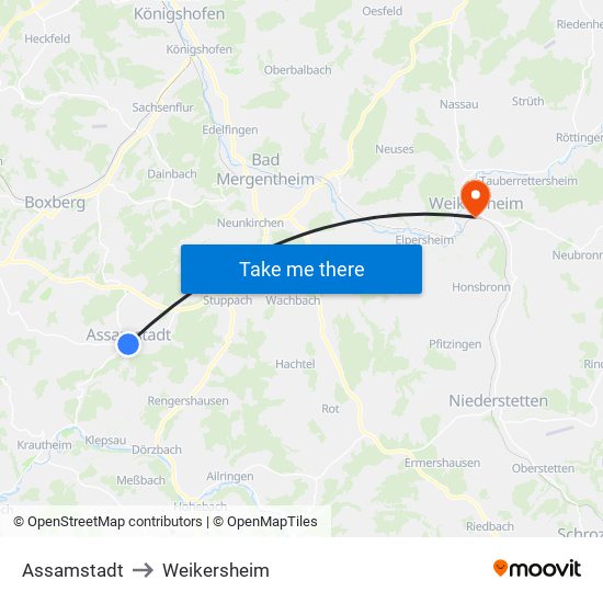 Assamstadt to Weikersheim map