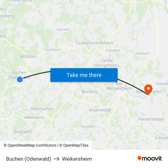 Buchen (Odenwald) to Weikersheim map