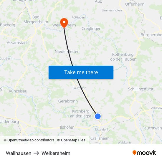 Wallhausen to Weikersheim map