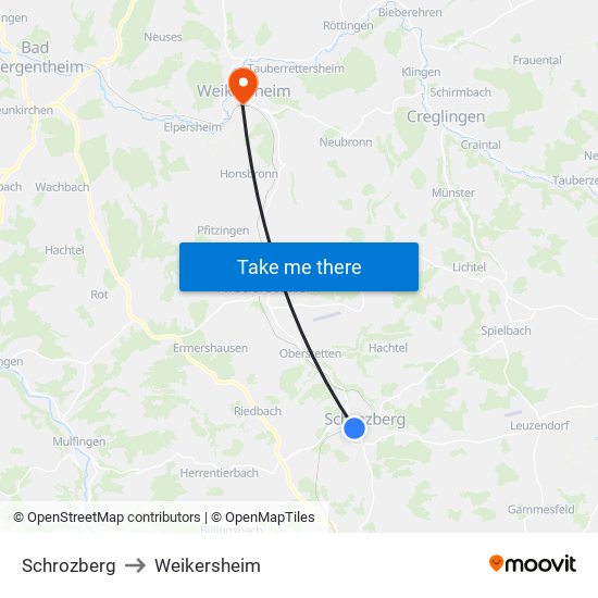 Schrozberg to Weikersheim map