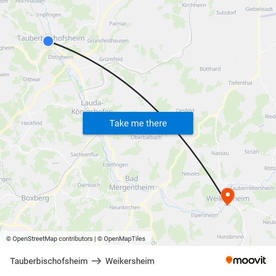 Tauberbischofsheim to Weikersheim map
